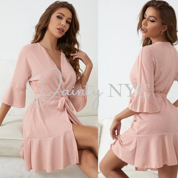 Blush Pink Ribbed Ruffle Sleeve & Hem Robe - Picture 1 of 8